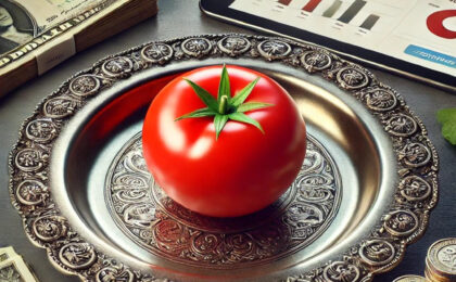 a tomato on a vintage pewter dish, along with elements representing affiliate marketing