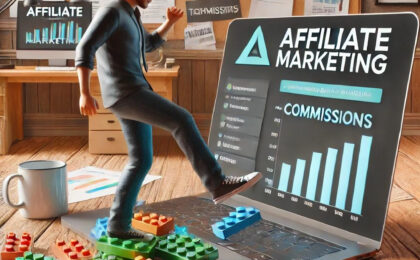 This image illustrating a person stepping on a LEGO piece while working on an affiliate marketing dashboard. The scene captures the mix of challenges and rewards in affiliate marketing, with elements like increasing sales and keywords such as "commissions" and "traffic."