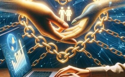 A heart made of gold chains with hands hold a couple in the center and hands typing on a laptop sitting on a desk