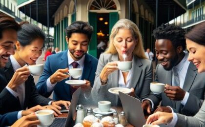 business people with laptops enjoying coffee and put powdered sugar on the beignets at Cafe De Monde in New Orleans