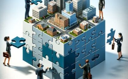 a block representing puzzles with building on top and business people placing puzzle pieces on the building