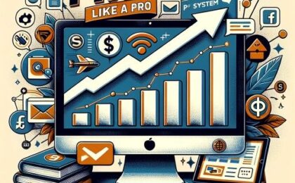 a laptop computer showing a graph with verious interent icons and books on the desk