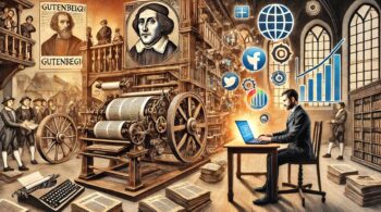 A-detailed-historical-illustration-juxtaposing-Gutenbergs-printing-press-with-a-modern-day-marketer-working-on-a-laptop.