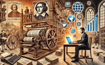 A-detailed-historical-illustration-juxtaposing-Gutenbergs-printing-press-with-a-modern-day-marketer-working-on-a-laptop.