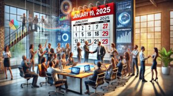 dynamic photorealistic scenes of entrepreneurs and marketers celebrating around a large calendar with "January 19, 2025" highlighted. The setting captures the spirit of partnership, profit-sharing, and urgency in online marketing.