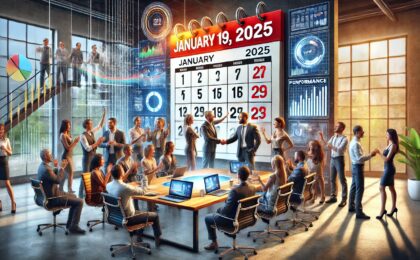 dynamic photorealistic scenes of entrepreneurs and marketers celebrating around a large calendar with "January 19, 2025" highlighted. The setting captures the spirit of partnership, profit-sharing, and urgency in online marketing.