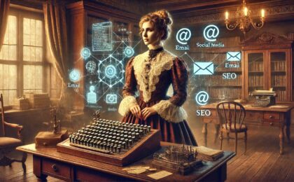 A-hyper-realistic-high-resolution-image-of-a-woman-in-elegant-Victorian-attire-inspired-by-the-1840s-standing-confidently-at-a-wooden-desk