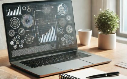 A Modern workspace with a laptop displaying a business blueprint, notebook, and coffee cup.