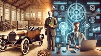 A split-screen illustration: on one side, Henry Ford standing next to a Model T holding a soy-based product; on the other side, a modern affiliate marketer working on a laptop with AI icons surrounding them, symbolizing innovation.