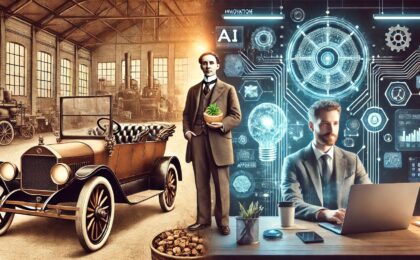 A split-screen illustration: on one side, Henry Ford standing next to a Model T holding a soy-based product; on the other side, a modern affiliate marketer working on a laptop with AI icons surrounding them, symbolizing innovation.