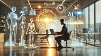 futuristic and engaging images of a person working at a sleek desk surrounded by glowing digital data streams, holographic graphs, and AI elements. The scene reflects innovation, productivity, and the transformative power of AI in business