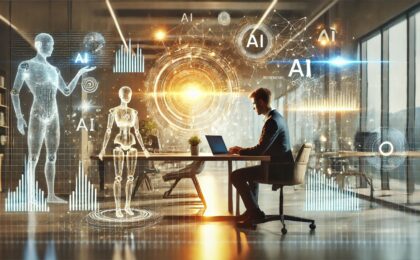 futuristic and engaging images of a person working at a sleek desk surrounded by glowing digital data streams, holographic graphs, and AI elements. The scene reflects innovation, productivity, and the transformative power of AI in business