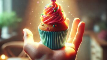 A cheerful hand holding out a colorful cupcake, glowing in soft, warm light to symbolize generosity and the sweetness of a shared moment