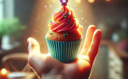 A cheerful hand holding out a colorful cupcake, glowing in soft, warm light to symbolize generosity and the sweetness of a shared moment