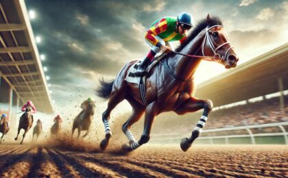 image capturing a determined jockey mid-race, symbolizing perseverance and focus—qualities essential for overcoming setbacks in affiliate marketing