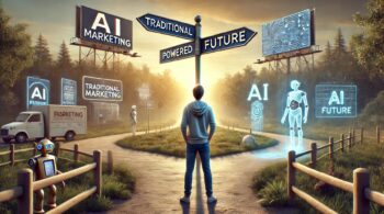 image depicting a person standing at a crossroads, with one path labeled "Traditional Marketing" and the other "AI-Powered Future," illustrating the pivotal choice in the digital marketing landscape.