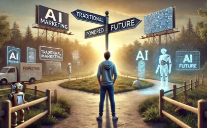 image depicting a person standing at a crossroads, with one path labeled "Traditional Marketing" and the other "AI-Powered Future," illustrating the pivotal choice in the digital marketing landscape.