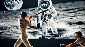 A baseball player swinging at a pitch with the 1969 moon landing playing in the background.