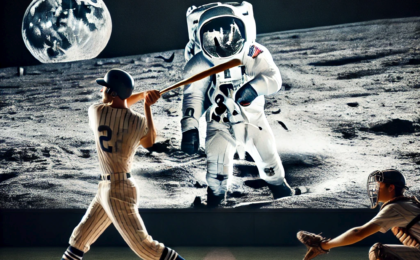 A baseball player swinging at a pitch with the 1969 moon landing playing in the background.