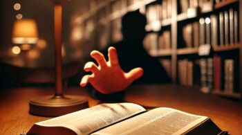 A hand reaching for an open Bible in a dimly lit bookstore, representing the irony of the Bible being the most shoplifted book.