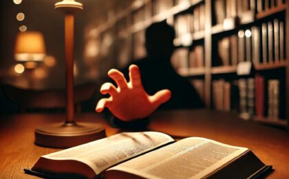 A hand reaching for an open Bible in a dimly lit bookstore, representing the irony of the Bible being the most shoplifted book.