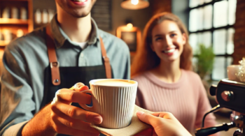 A barista hands a cup of coffee to a happy customer, representing the power of knowing your audience’s needs in marketing.