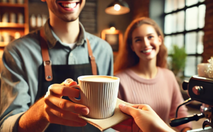 A barista hands a cup of coffee to a happy customer, representing the power of knowing your audience’s needs in marketing.