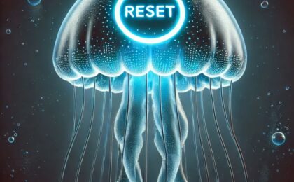 A glowing jellyfish with a reset symbol, representing resilience in marketing