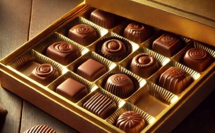 A gold-wrapped box of premium chocolates with one piece missing, representing the power of irresistible branding.