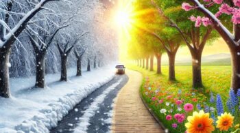 "A road covered in snow gradually turning into a sunny spring path, representing growth after challenges."