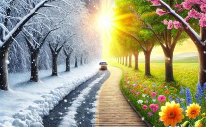 "A road covered in snow gradually turning into a sunny spring path, representing growth after challenges."