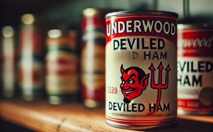 A can of Underwood Deviled Ham on a pantry shelf, showcasing its classic branding that has remained unchanged for over a century.