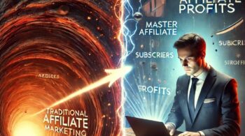 Split-image showing the struggle of traditional affiliate marketing vs. the success with MAP. On the left, a frustrated man watches his leads disappear into a black hole labeled 'Traditional Affiliate Marketing.' On the right, the same man looks confident, holding a list of subscribers in front of a glowing screen labeled 'MAP - Master Affiliate Profits.' The background transitions from dark to bright, symbolizing the shift in strategy.