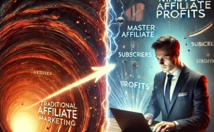 Split-image showing the struggle of traditional affiliate marketing vs. the success with MAP. On the left, a frustrated man watches his leads disappear into a black hole labeled 'Traditional Affiliate Marketing.' On the right, the same man looks confident, holding a list of subscribers in front of a glowing screen labeled 'MAP - Master Affiliate Profits.' The background transitions from dark to bright, symbolizing the shift in strategy.